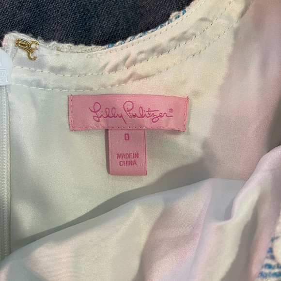 Lilly Pulitzer Rylan Flutter Blue Lurex Boucle Stripe Daisy Pearl Lace Dress - Picture 6 of 6